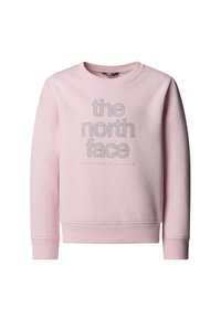 Różowa bluza bawełniana z okrągłym dekoltem i ściągaczami przy rękawach. Na przodzie szare logo „the north face” z dodatkowym tekstem poniżej.