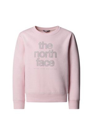 Felpa rosa in cotone, con scollo rotondo e polsini a costine. Logo "the north face" grigio sul davanti con testo aggiuntivo sotto.