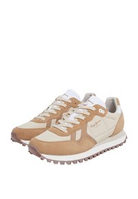 Beige in krem športni copati iz semiša in tekstila, okrogla konica, bele vezalke, z teksturirano gumijasto podplatno površino in naglasom znamke.