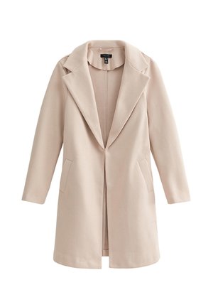 Jasno beżowy, długi płaszcz z klapami, otwarty przód i dwoma bocznymi kieszeniami. Wykonany z gładkiego, teksturowanego materiału.