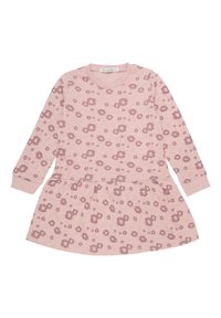 Langermet kjole i myk rosa stoff med et blomsterdesign i mørkere rosa, med en samlet skjørt og ribbestrikkede mansjetter.