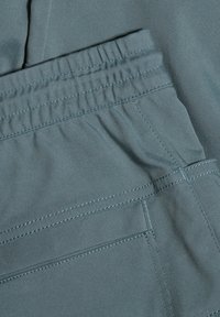 Grijze stoffen shorts met een elastische tailleband, voorzien van stiksels en een zijzak. Glad textuur en casual ontwerp zijn duidelijk zichtbaar.