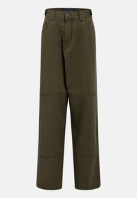 Pantalons larges en coton vert olive, présentant un design uni, des accents à double couture et des patchs sur les genoux.
