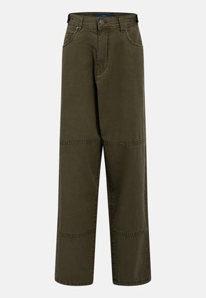 Wide-leg trousers in olive green cotton, featuring a solid design, double-stitched accents, and patch detailing on the knees.