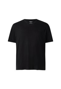 Czarny t-shirt z krótkim rękawem i dekoltem w serek, wykonany z gładkiego materiału. Zawiera małe logo na piersi. Prosty, klasyczny design.