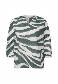 Blouse à rayures zèbre vertes et blanches, en tissu léger, décolleté en V, manches trois-quarts et coupe décontractée avec une texture subtile.
