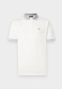 Hvit polotrøye i bomull, med en kontrasterende lyseblå krage med striper, korte ermer og en liten brodert logo på brystet.