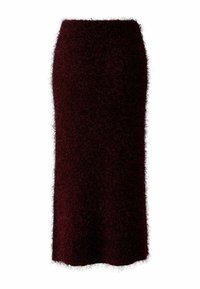 Jupe midi haute taille bordeaux, en tissu moelleux et texturé avec une silhouette ajustée et des fentes sur les côtés.