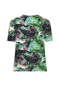 Short-sleeve shirt featuring a tropical plant pattern with green leaves, dark foliage with polka dots, and a light background.