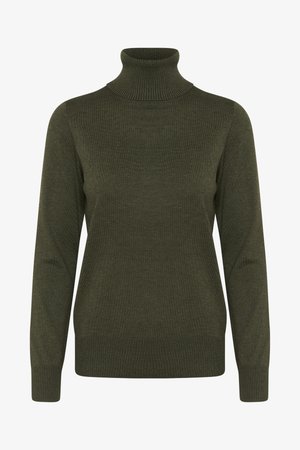 Tumesvärviga kõrge kaelusega kampsun, kootud tekstuur, pikad varrukad, ribide äär koos kaela ja alläärega. Lihtne, kehakumerdis ilma mustrite ja kinnitusdetailideta.