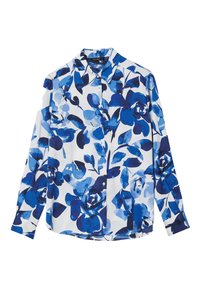 Long-sleeve button-up shirt in white fabric featuring a blue floral pattern. Lightweight material with a classic collar and cuffed sleeves.