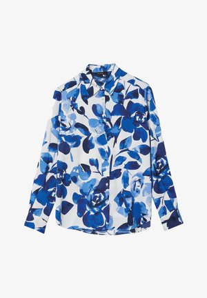Camicia a maniche lunghe con bottoni in tessuto bianco, caratterizzata da un motivo floreale blu. Materiale leggero con colletto classico e maniche con polsini.
