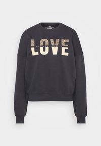 Dark grey sweatshirt with a cropped design. Features "LOVE" in cream and animal print, ribbed cuffs, and a crew neckline. Soft texture.