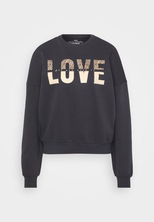 Tmavošedá mikina s skráteným strihom. Obsahuje slovo "LOVE" v smotanovej farbe a zvieracom vzore, so zúženými manžetami a okrúhlym výstrihom. Mäkká textúra.
