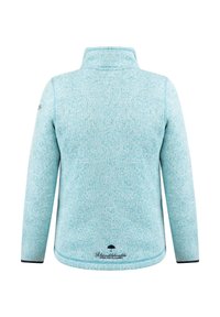 Ljusblå fleecegenser med hög krage, texturerad tyg, långa ärmar och en liten logotyp på vänster ärm.