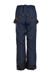 Marineblå snesko med elastisk talje og justerbar rem, med sorte accentpaneler ved manchetterne og en glat, vandafvisende overflade.