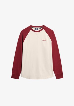 Langærmet t-shirt med cremet krop og maroon raglanærmer. Har et lille rødt "SuperDry Athletics" logo på brystet. Lavet af bomulds materiale.