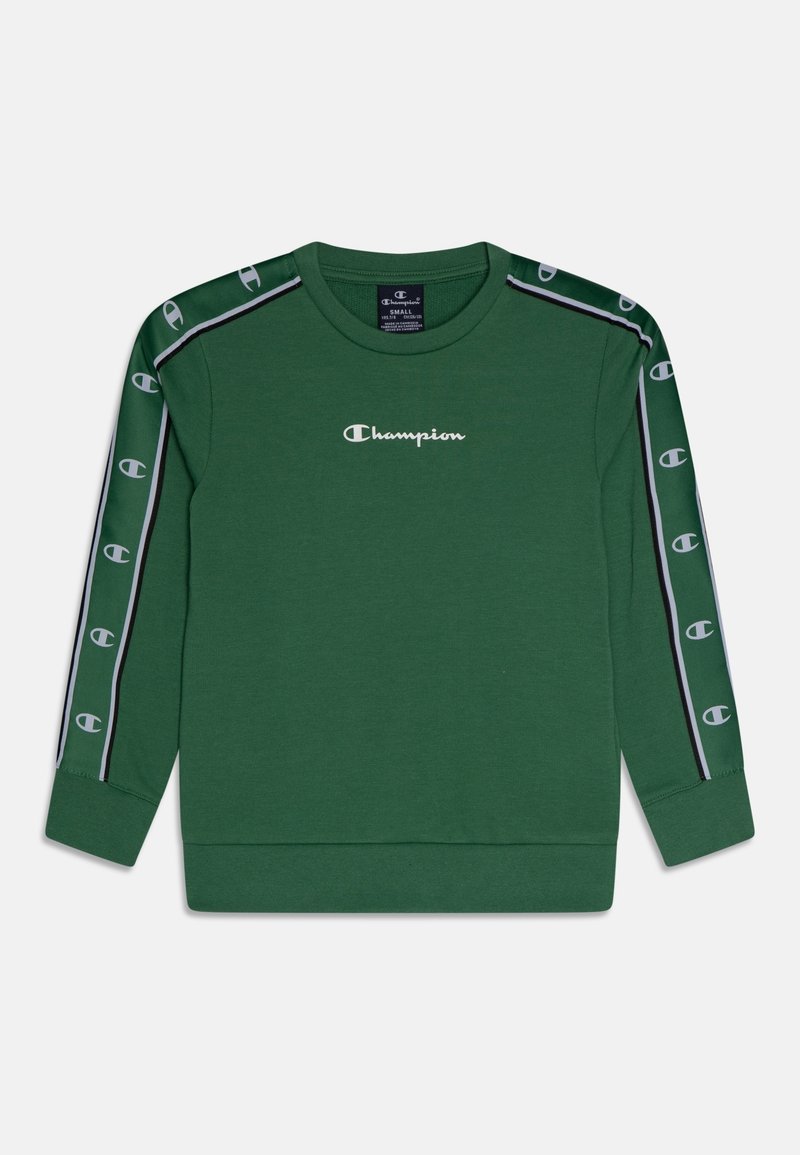 Sweat-shirt en coton vert avec manches longues, col rond et logo Champion blanc sur le devant. Bandes latérales avec logos répétés en noir et gris.