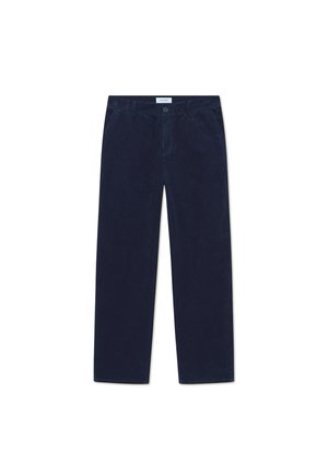 Navy blue corduroy trousers with a straight fit, featuring a front button closure, belt loops, and classic pockets. Textured fabric.