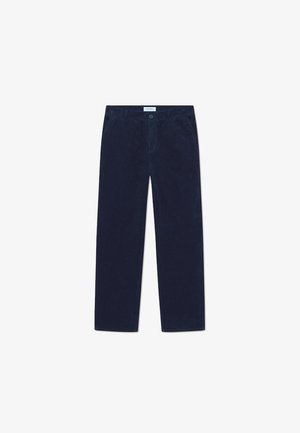Navy blue corduroy trousers with a straight fit, featuring a front button closure, belt loops, and classic pockets. Textured fabric.