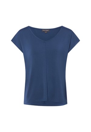 Donkerblauw dames T-shirt met korte mouwen en V-hals, met een naaddetail aan de voorkant en een licht gebogen zoom.