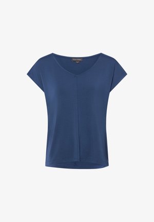 Donkerblauw dames T-shirt met korte mouwen en V-hals, met een naaddetail aan de voorkant en een licht gebogen zoom.