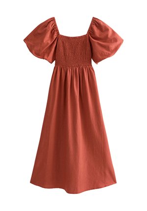 Vestito midi color ruggine con scollo quadrato, corpetto arricciato e maniche a sbuffo voluminose.