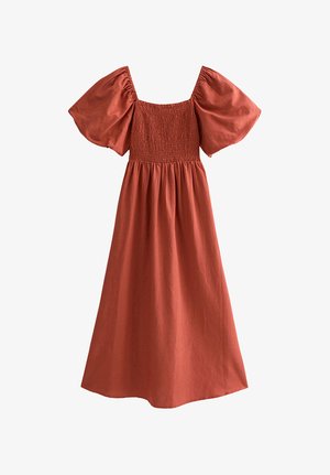 Vestito midi color ruggine con scollo quadrato, corpetto arricciato e maniche a sbuffo voluminose.