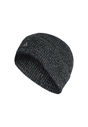 Berretto lavorato a maglia di colore grigio scuro con un motivo testurizzato. Presenta una toppa in tessuto nera con un logo sul davanti. Materiale morbido e elastico.