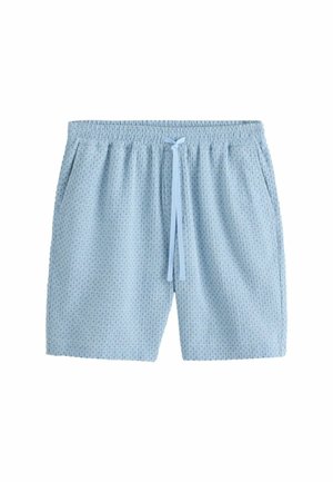 Hellblaue, strukturierte Shorts mit elastischem Bund, Kordelzug und seitlichen Taschen, vor weißem Hintergrund präsentiert.