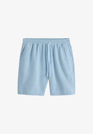 Jasnoniebieskie teksturowane szorty z elastycznym pasem, sznurkiem i bocznymi kieszeniami, przedstawione na białym tle.