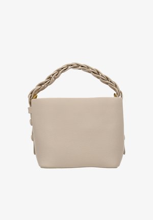 Borsa a mano in pelle sintetica beige con tracolla intrecciata, forma rettangolare, superficie strutturata e dettagli hardware dorati sul lato.