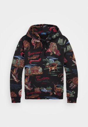 Hooded sweatshirt with a black fabric featuring a multicolored outdoor-themed print, including animals, landscapes, and branded text.