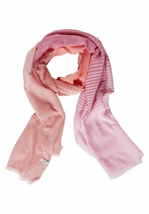 Foulard léger rose clair et pêche avec motif rayé et bords frangés, plié lâchement avec étiquette visible à une extrémité.