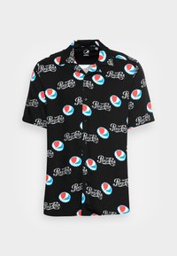 Short-sleeve black shirt featuring a repeating Pepsi logo pattern in red, white, and blue, with a camp collar and button-up front.