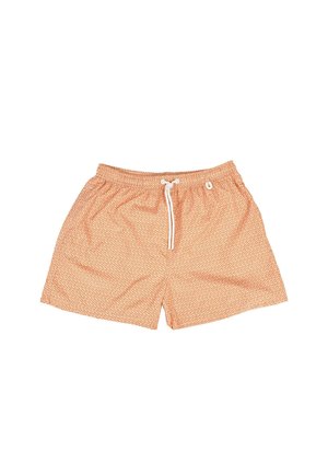 Costume da bagno arancione con piccolo motivo geometrico bianco ripetuto e laccio bianco in vita elastica.