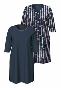 Due vestiti: uno di un blu navy uniforme con tasca e scollatura rotonda, l'altro a fantasia con nastri e fiocchi pastello verticali, scollatura a V e maniche a ¾.