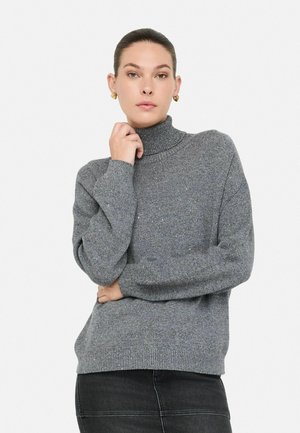 Maglione grigio a collo alto, lavorato a maglia spessa, con una vestibilità comoda. La superficie texture presenta sottili particelle metalliche; polsini e orlo a coste.