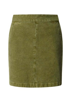 Grüner Cordminirock mit geradem Schnitt, flachem Bund und vertikal gerippter Textur. Keine Taschen oder sichtbaren Beschläge.