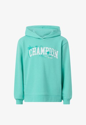Sweat à capuche turquoise avec texte blanc "CHAMPION" et petites illustrations de palmier, soleil et couronne au-dessus de "State of Mind".