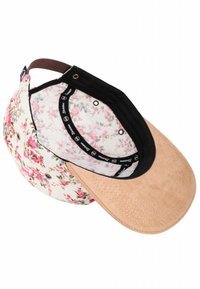 Cap featuring a floral fabric upper with pink and green flowers, a tan suede peak, black trim, and interior patterning. Designed with ventilation holes.