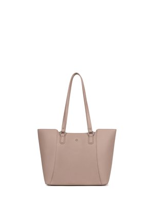 Sac cabas en cuir beige avec deux longues anses, une texture granulée et un petit bouton argenté au centre devant.