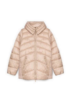 Jachetă căptușită, bej, cu guler înalt, închidere cu fermoar și model matlasat diagonal; are două buzunare laterale și o textură netedă.