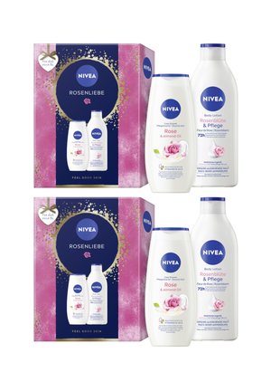 NIVEA ROSENLIEBE gift set featuring pink and white bottles of shower cream and body lotion with floral designs, packaged in a vibrant box.