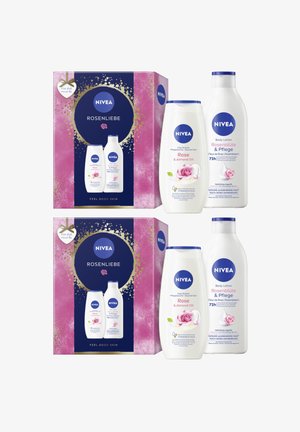 NIVEA ROSENLIEBE gift set featuring pink and white bottles of shower cream and body lotion with floral designs, packaged in a vibrant box.