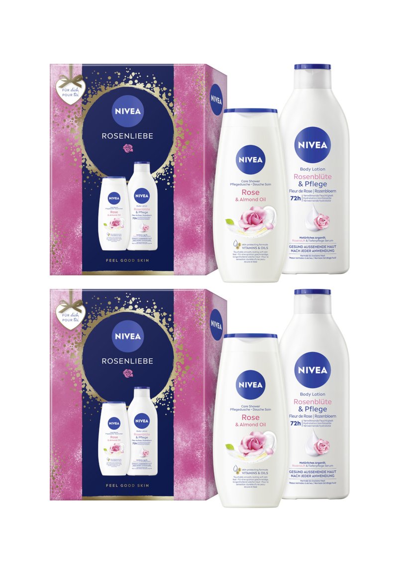 NIVEA ROSENLIEBE gift set featuring pink and white bottles of shower cream and body lotion with floral designs, packaged in a vibrant box.