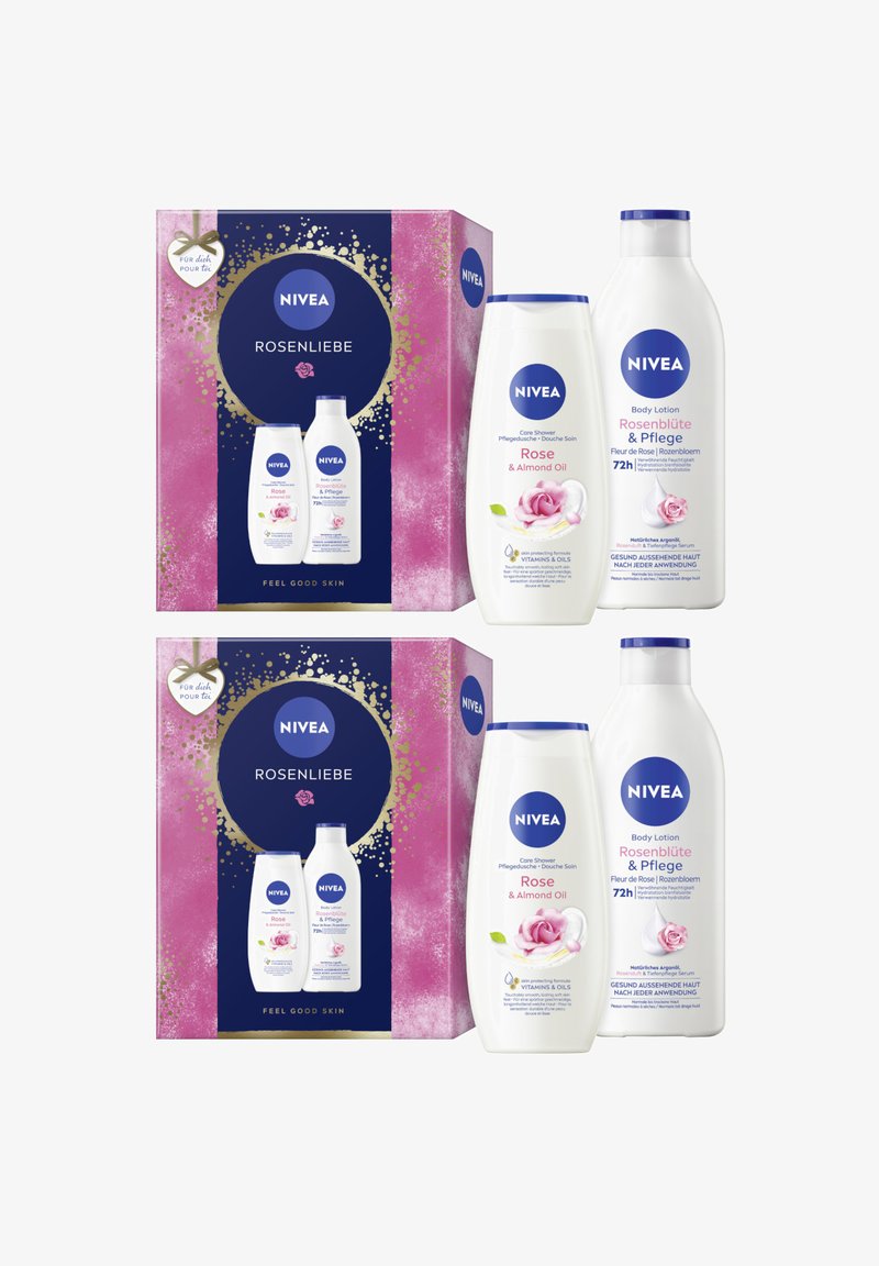 NIVEA ROSENLIEBE gift set featuring pink and white bottles of shower cream and body lotion with floral designs, packaged in a vibrant box.