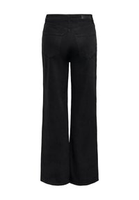 Černé džíny s širokými nohavicemi, zadními kapsami, viditelným prošitím a značkovou etiketu na pasu, zobrazené zezadu.