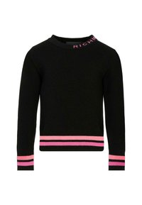 Maglione a maglia nera con collo rotondo, caratterizzato da ricami rosa "RICH" al colletto e accenti a righe rosa sui polsini e sull'orlo.