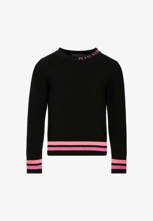 Maglione a maglia nera con collo rotondo, caratterizzato da ricami rosa "RICH" al colletto e accenti a righe rosa sui polsini e sull'orlo.